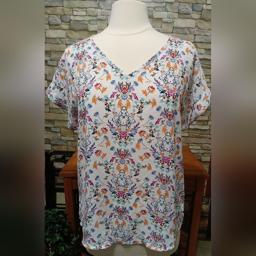 Pink Rose White Floral Relaxed Blouse Airy Fit Large